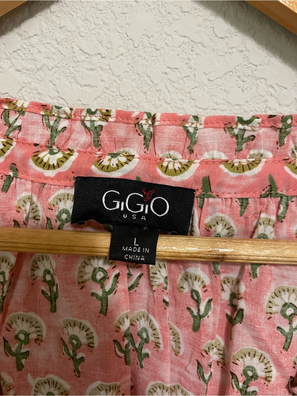 Gigio Pink Block-printed Cotton Peasant Top bohemian preppy coastal brunch - Picture 3 of 4